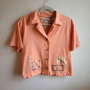 Onque Casuals Shirt Womens M Button Down Orange Flowers Vintage Cotton